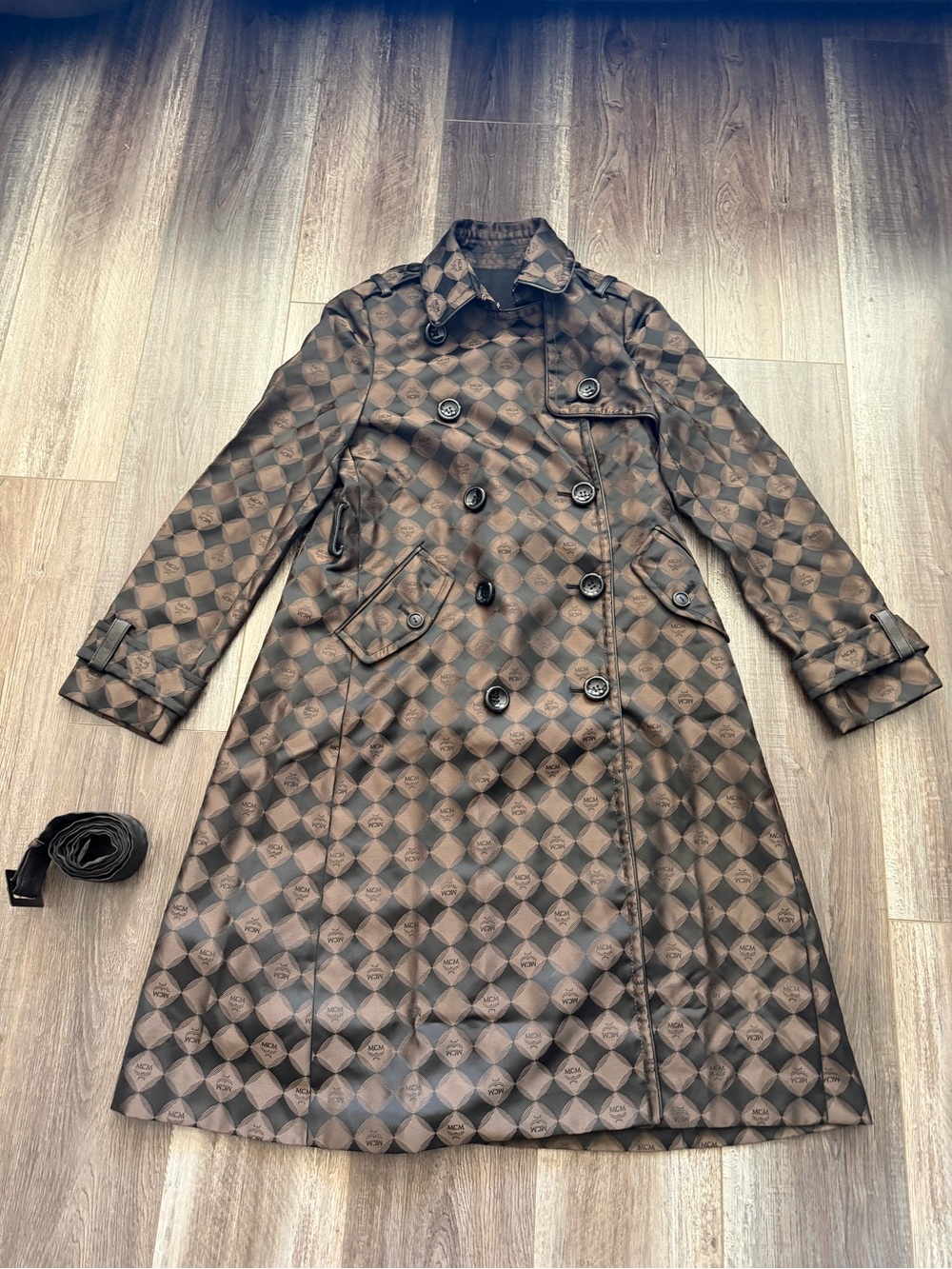 MCM Brown Checker Double-Breasted Trench Coat